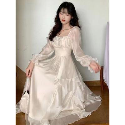 Vintage rozprávkové šifónové dlhé šaty dámske biele elegantné francúzske párty šaty midi s naberaným rukávom ležérne dámske oblečenie