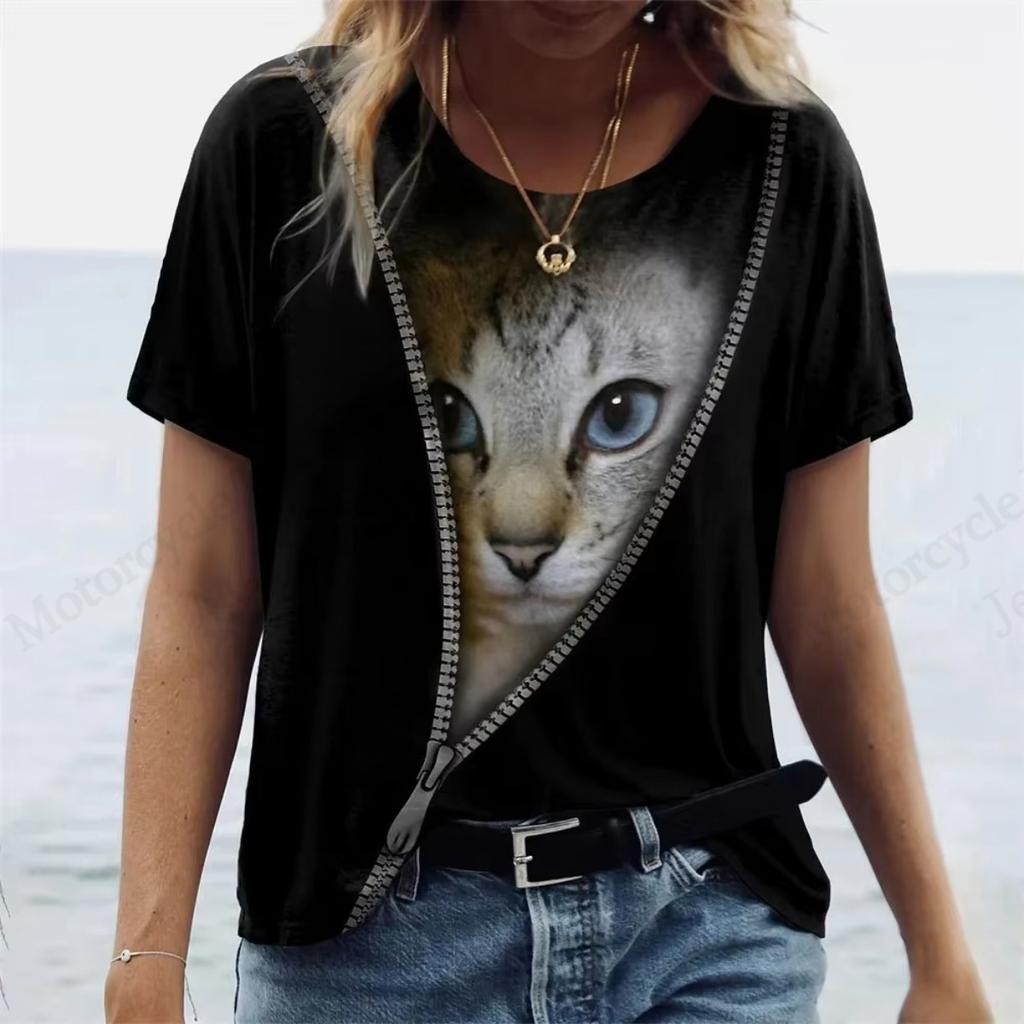 New Women's 3D Cute Cat 3D Printed T-shirt Women's Fashion Casual Round Neck Short Sleeve T-shirt Women's Top T-shirt Cartoon