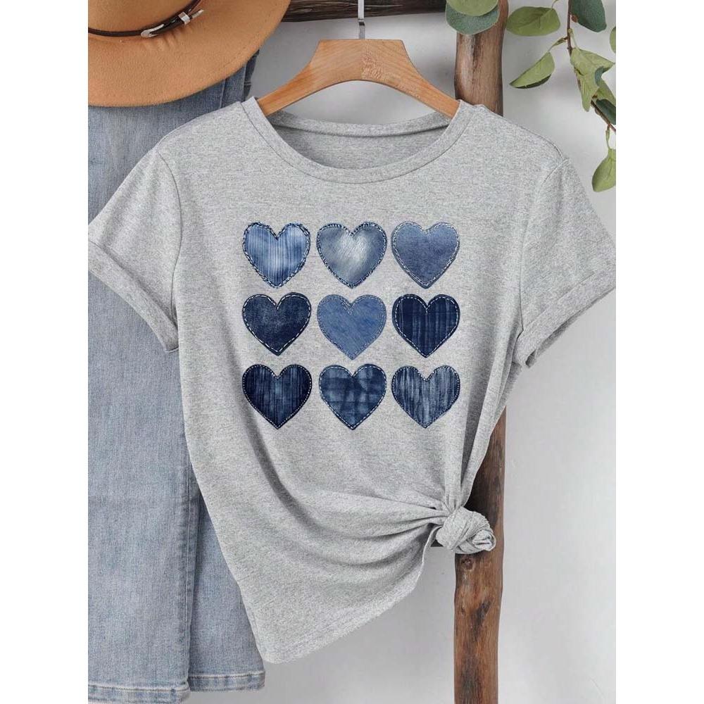 Women Cowboy Heart Print T-Shirt for Valentine's Day Gifts Fashion Crew Neck Short Sleeve T-Shirt Casual Women's Clothing