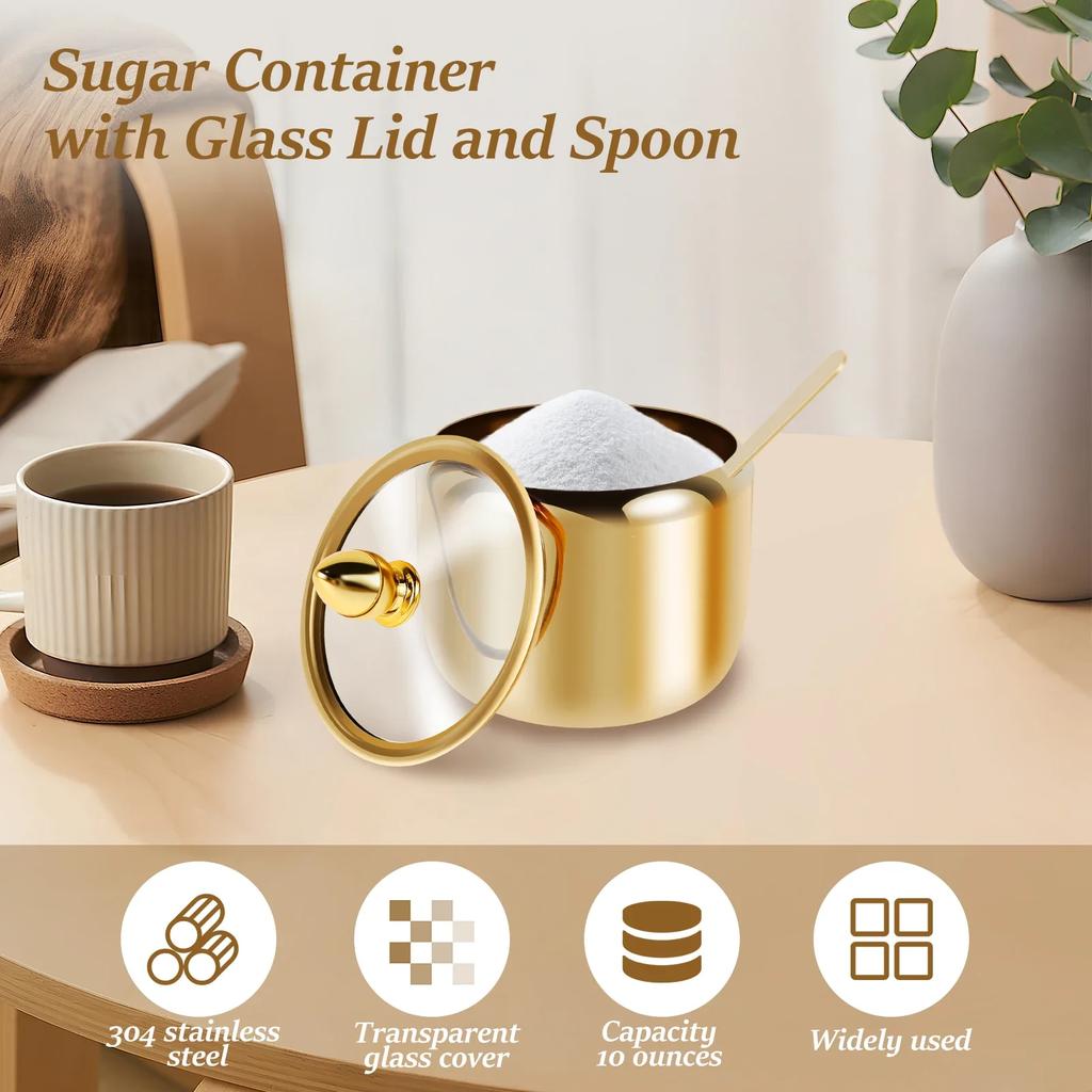 10oz Sugar Jar 304 Stainless Steel Seasoning Container with Clear Glass Lid&Spoon Multifunctional Pot for Salt Candy Coffee Bean