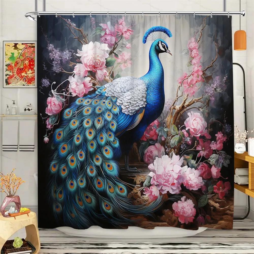 Peacock Shower Curtain Tropical Plant Flower Leaf Landscape Vintage Oil Painting Elegant Polyester Fabric Bathroom Decor Curta