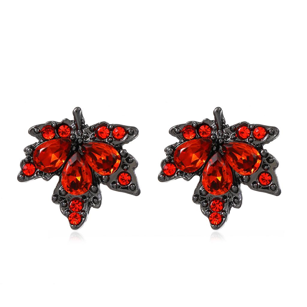 2026 Retro Red Zircon Maple Leaf Stud Earrings – Light Luxury Fashion Jewelry for Women