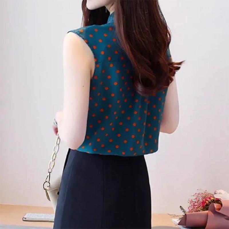New Summer Office Lady Elegant Fashion Polka Dot Print Bow Lace Up Loose Chiffon Tank Top Shirt Sleeveless Casual Blouses