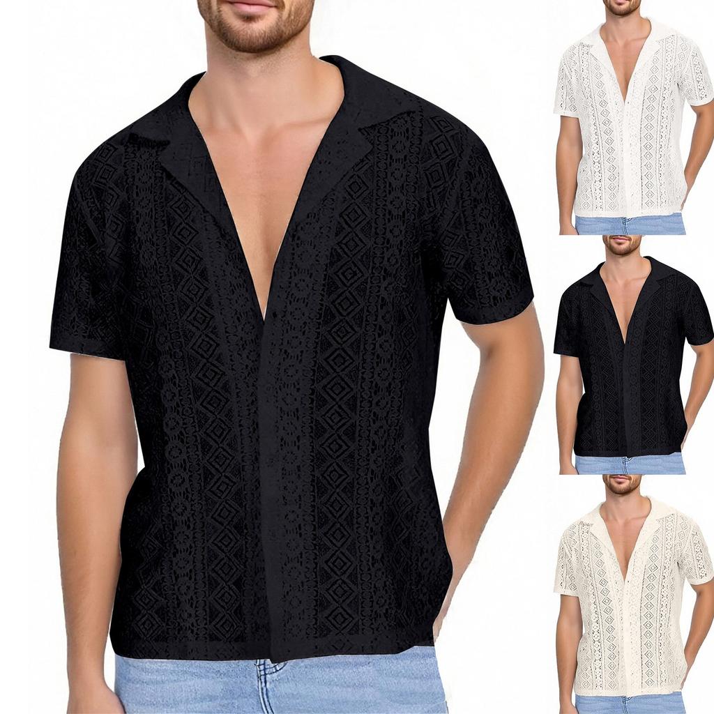 Men's Lace Short-sleeved Shirt With See-through Buttons, Holiday Casual Hollowed-out Top
