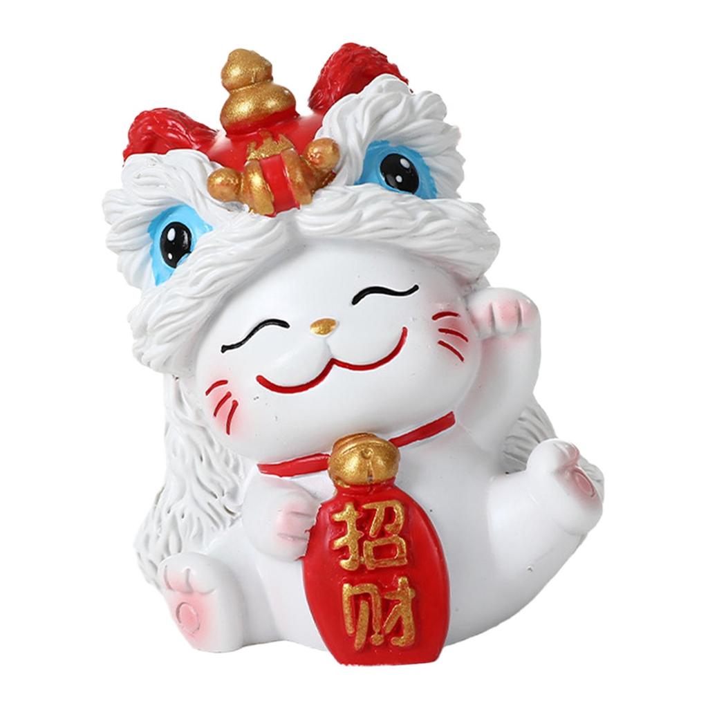 Lucky Cat Figurine Resin Decorative Animal Sculpture Miniature Things Shelf Ornament for Home Office Car Dashboard