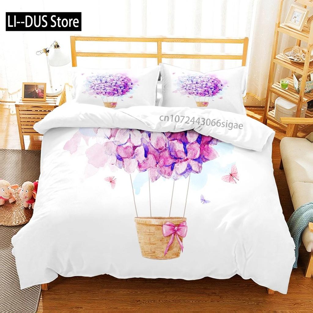 Balloon Duvet Cover Set King Twin Size Polyester Hand Painted Style Floating Hot Air Balloons With Clouds Moon Print Bedding Set