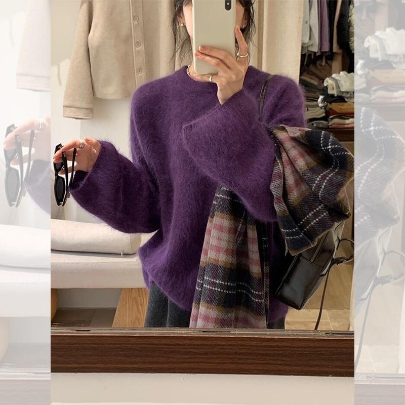 Hochwertiger grüner Nerz-Samt Pullover mit Rundhalsausschnitt für Herbst und Winter, weiche und wachsartige Oberbekleidung, dickes Mohair-Top