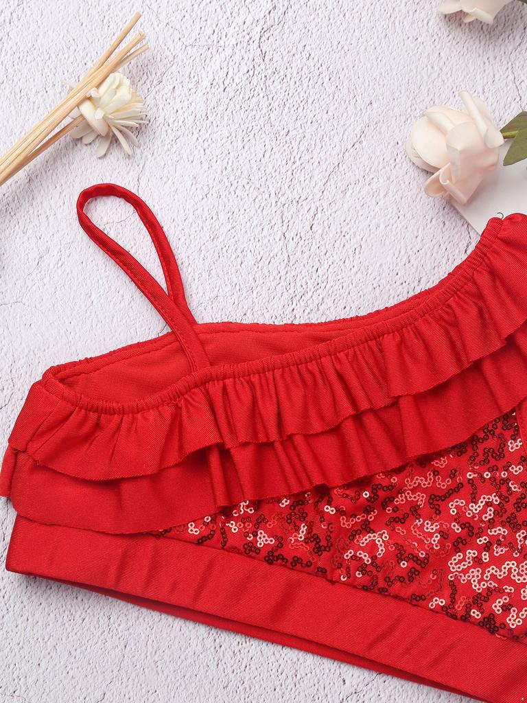 Kids Girls Dance Crop Top Asymmetrical Shoulder Straps Sleeveless Sequins Ruffle Tops Ballet Jazz Dance Stage Performance Wear