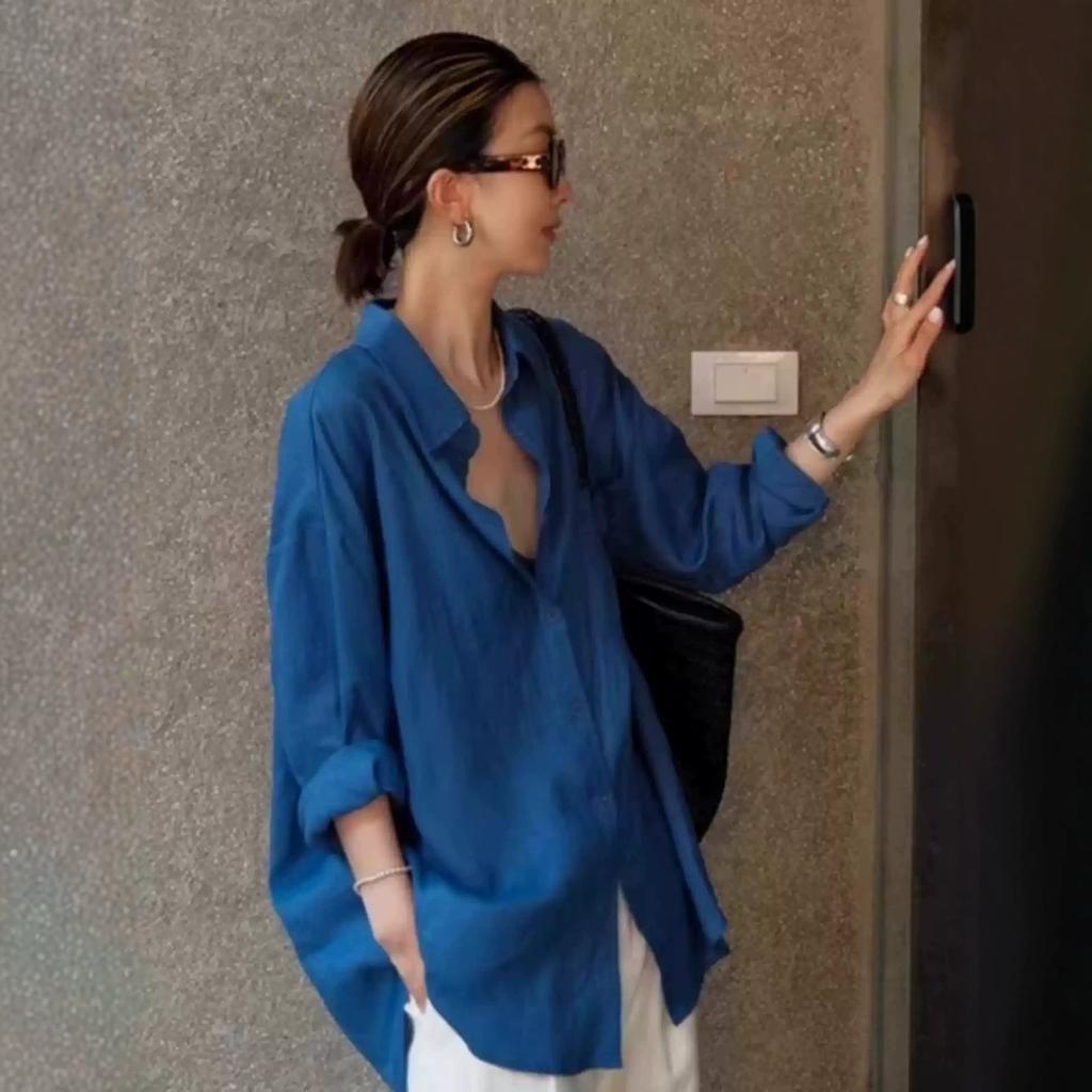 Blue cotton and linen shirt jacket women's summer thin small sunscreen shirt loose long sleeve cardigan linen top