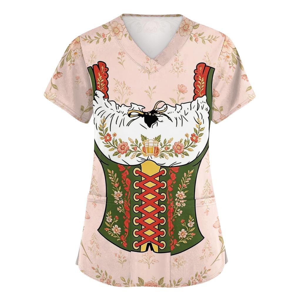 Women's V Neck Short Sleeve Work Shirt with Pockets Oktoberfest Print Medical Scrub Top Nursing Uniform Tee for Healthcare Professionals