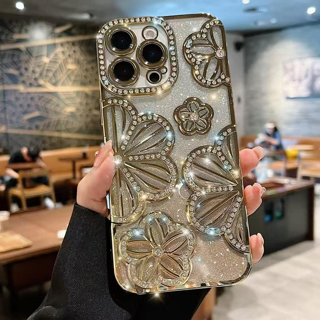 Geeignet für Ip16promax Galvanisierte Glitzerkante Diamant Blume Apple 13/14/15 Ölgemälde Blume Weiche Hülle