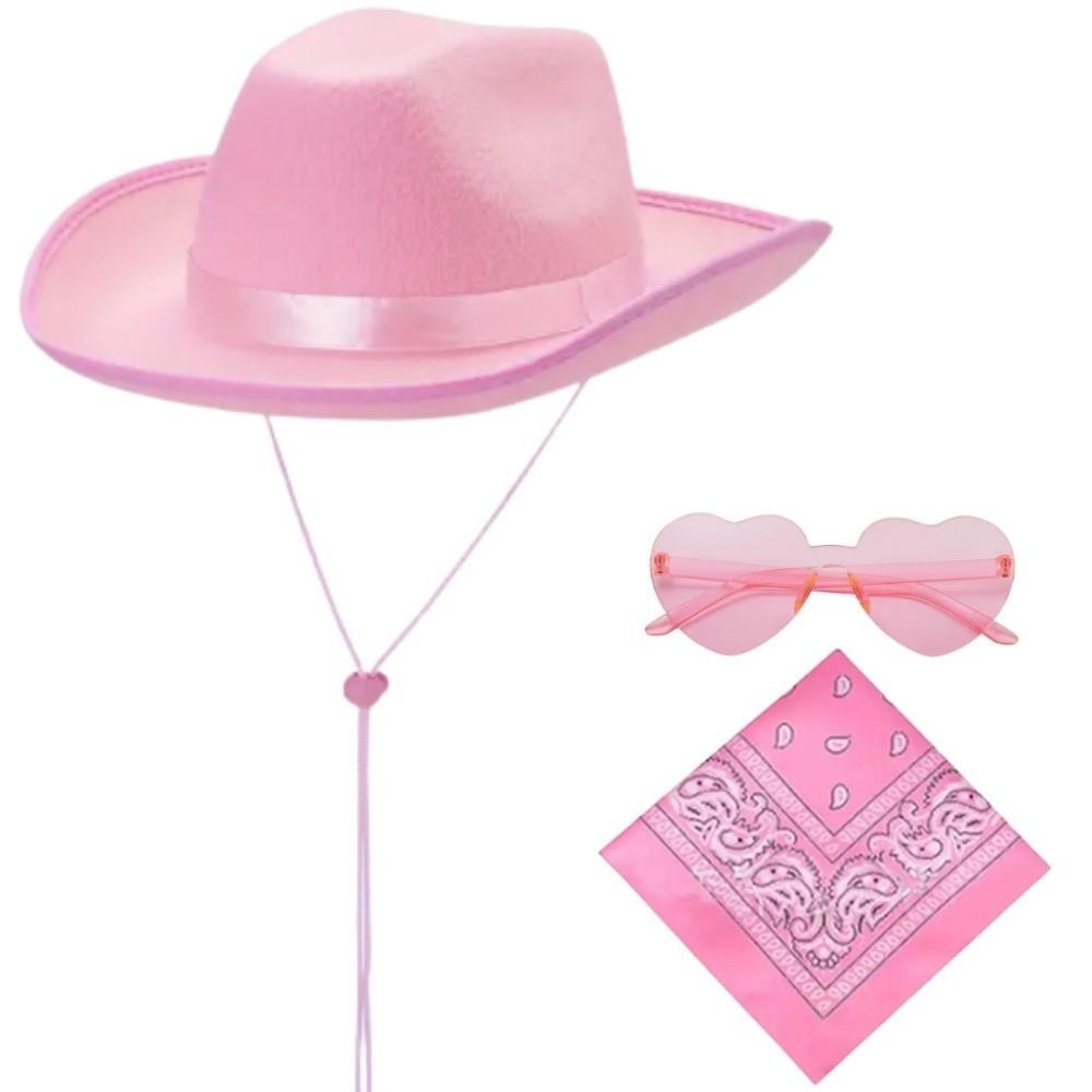 Fluffy Trim Bandana Heart-Shaped Glasses Pink Halloween Costume Accessories Set Cowboy Hat Women