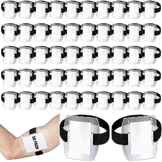 Meanplan 50 Pcs Arm Badge Holder Armband ID Badge Holder Bulk Visibility PVC with Adjustable Belt Elastic Armband Clear Name Tag for Work Pass,