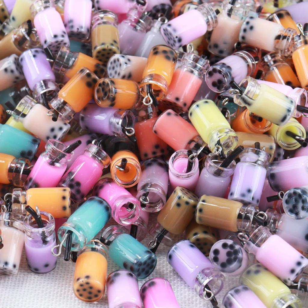 10pcs Transparent Glass Pendants with Bottle Juice Drink Milk Tea Charms Pendants Diy Keychain Women Key Chain Gift Jewelry