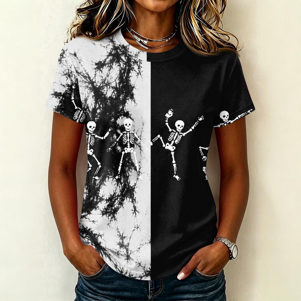 Women's Casual Short Sleeve Round Neck Pullover T-Shirt with Halloween Print