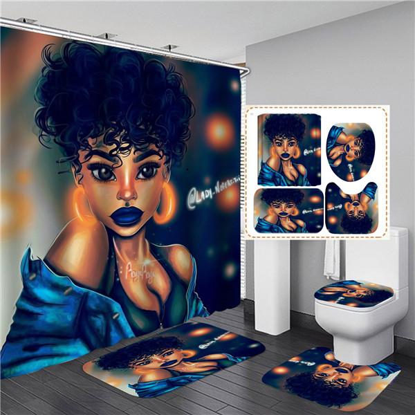 4PCS Full Set Bathroom Curtain Set Elegant African Black Woman Shower Curtain Hooks Modern Bath Mat Toilet Lid Cover Anti-slip Bath Mats
