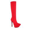 Fashion Women Knee High Platform Boots Rosy Red Black Stretch Satin Thin Heels Pointed Toe Sexy Lady Slip-on Stiletto Half Boots