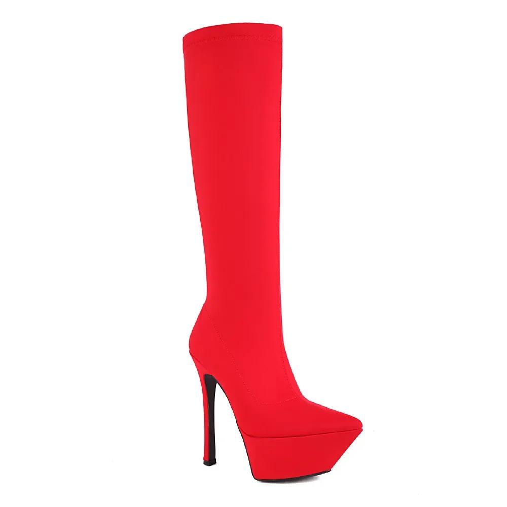 Fashion Women Knee High Platform Boots Rosy Red Black Stretch Satin Thin Heels Pointed Toe Sexy Lady Slip-on Stiletto Half Boots