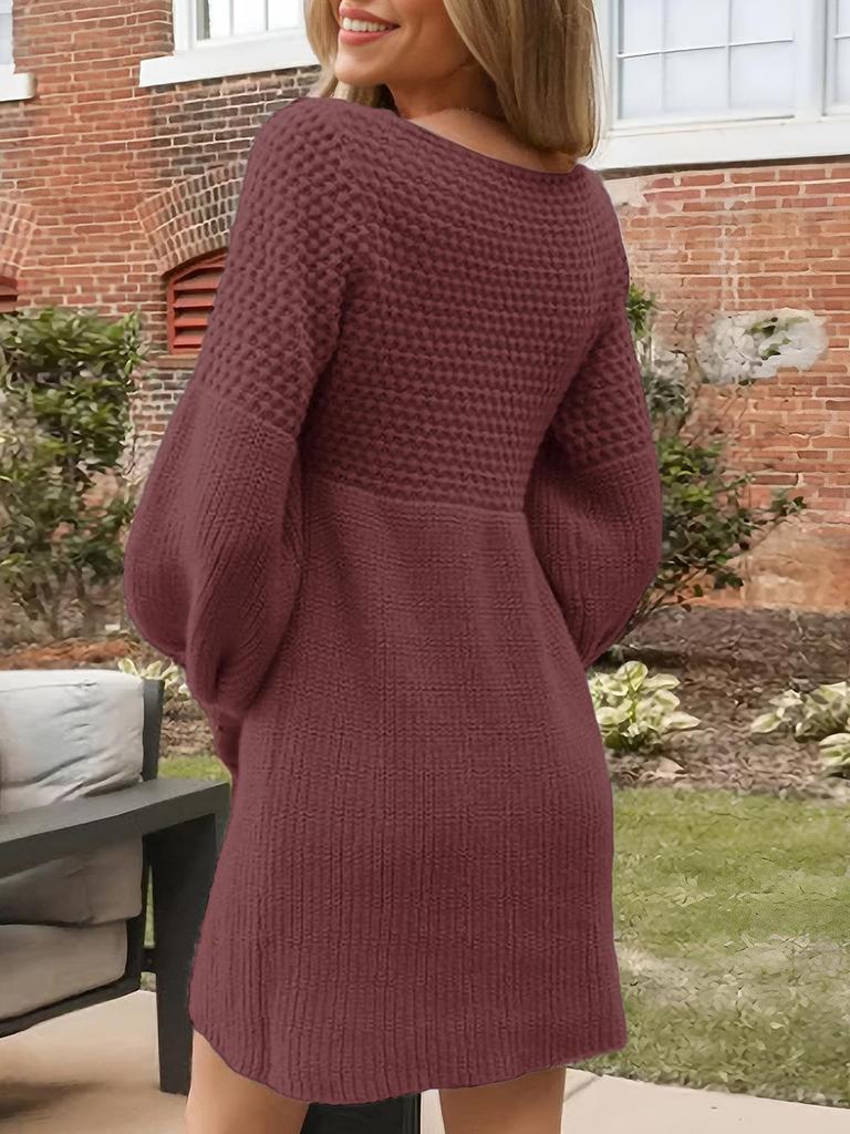 Rochie Tricotată Retro cu Mâneci Lanternă și Decolteu în V - Stil European și American de Toamnă/Iarnă