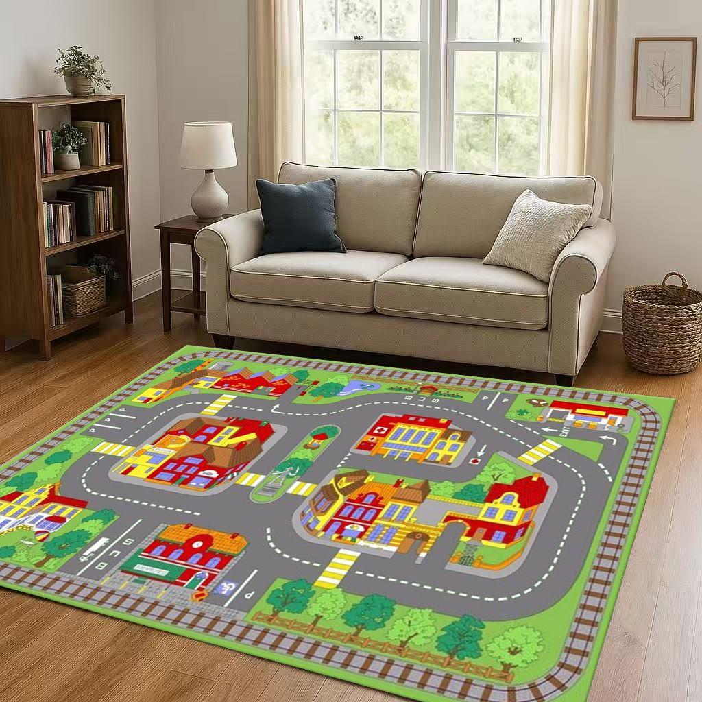 City Street Road Traffic Race Track Child Interaction Game Cartoon Living Room Kid Playroom Non-Slip Area Rug Carpet for Bedroom