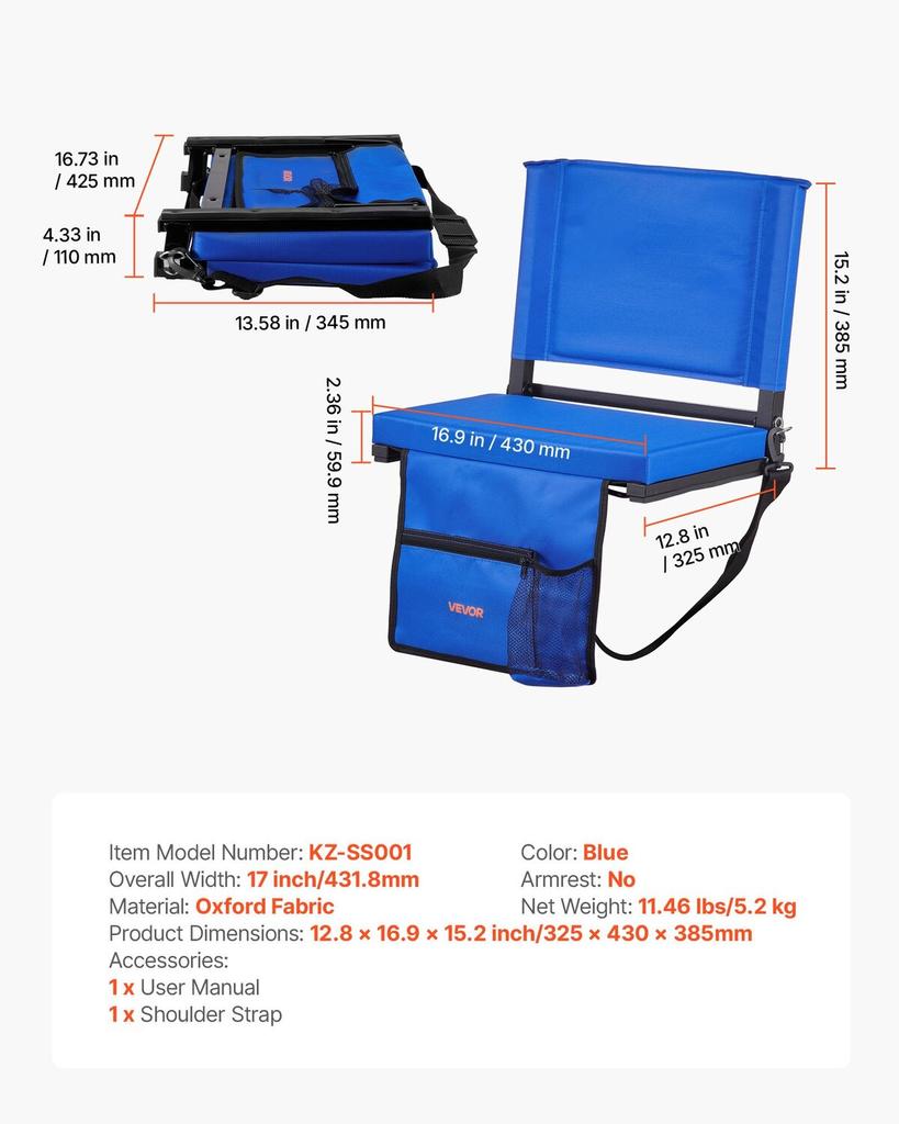 Stadium Seat, Folding Bleacher Seat with Back Support & Thick Cushion, Padded Stadium Seats for Bleacher Includes Shoulder Strap, Hooks, Cup Holder,