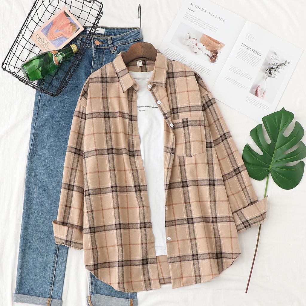 Camisa de Franela a Cuadros Fresca para Mujer 2025 Nuevas Blusas y Tops para Mujer Algodón Holgado Manga Larga Camisas Casuales Ropa Fina para Mujer