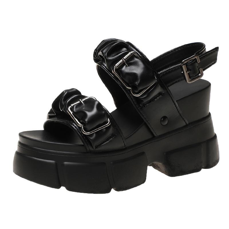 

Internet celebrity pleated belt buckle slope heel cool slippers women 2025 summer new Korean version thick-soled muffin open-toed high heels women 34 чорний