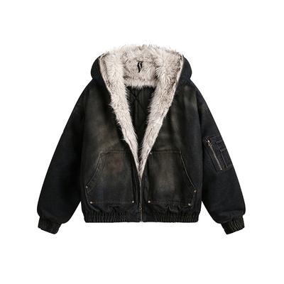 Giacche Imbottite da Uomo Moda Denim Pile con Cappuccio Usurate Cerniera Patchwork Larghe Inverno Abbigliamento Maschile Elegante