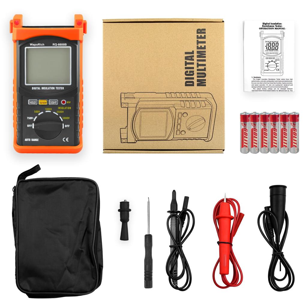 WapoRich Insulation Tester 200G Ohms Megger High Voltage Tester DC/AC Voltmeter 500V/1000V/2500V/5000V Digital Megaohmmeter