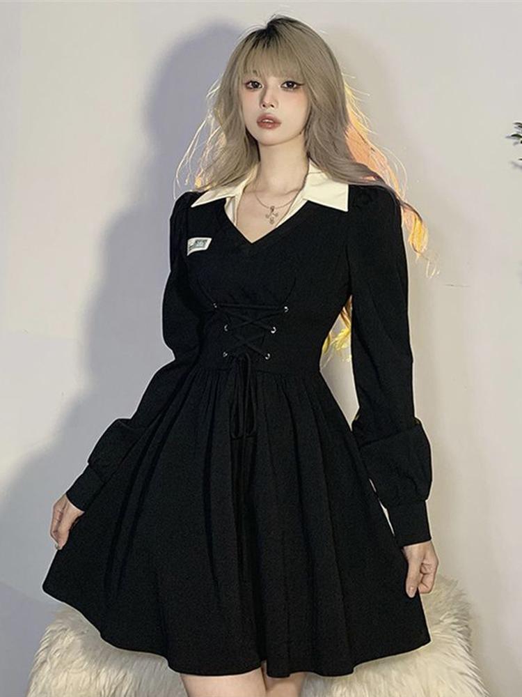 Korean Oversize 4Xl Black Dress Women Elegant LaAe Up Preppy Style Dress Casual Retro Turn Down Collar A Line Mini Dress