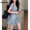 Grey U-neck Short-sleeved Dress Women's Summer Small Man Pleated Waist A-shaped Skirt Spice Girl Miniskirt Pinched Waist Skirt