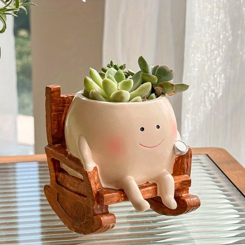 [1 Stück Niedlicher Schaukelstuhl-Pflanztopf] 1 Stück Leichter Harz Niedlicher Schaukelstuhl-Pflanztopf mit Beige/Braun | Pastorale Dekoration für Innen/Außen, Büro, Zuhause