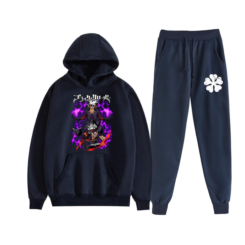 Europe, America, Autumn and Winter Black Four-leaf Clover Peripheral Two-dimensional Men's and Women's Leisure Sports Fleece Hooded Sweater Set 