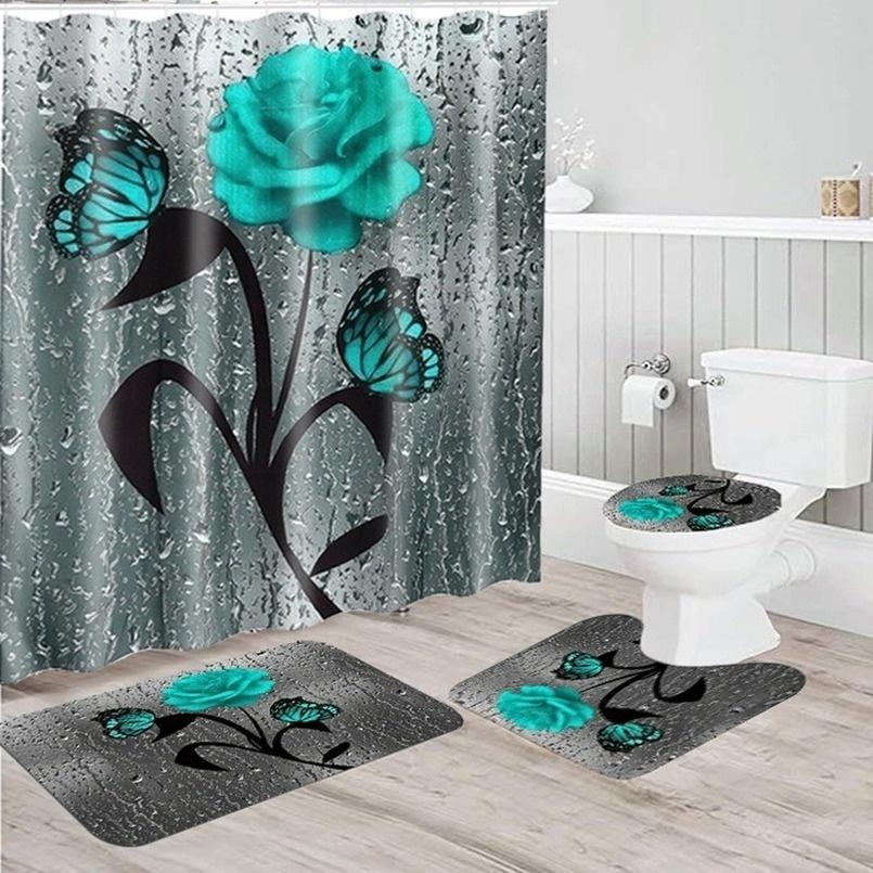 4PCS Flowers Rose Print 3D Shower Curtain Waterproof Polyester Bathroom Curtain Anti-slip Bath Mat Toilet Rugs Carpet Bath Sst Decor
