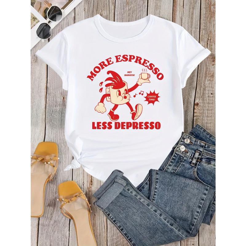 More Espresso Less Depresso Cartoon Coffee Cup Print T-shirt