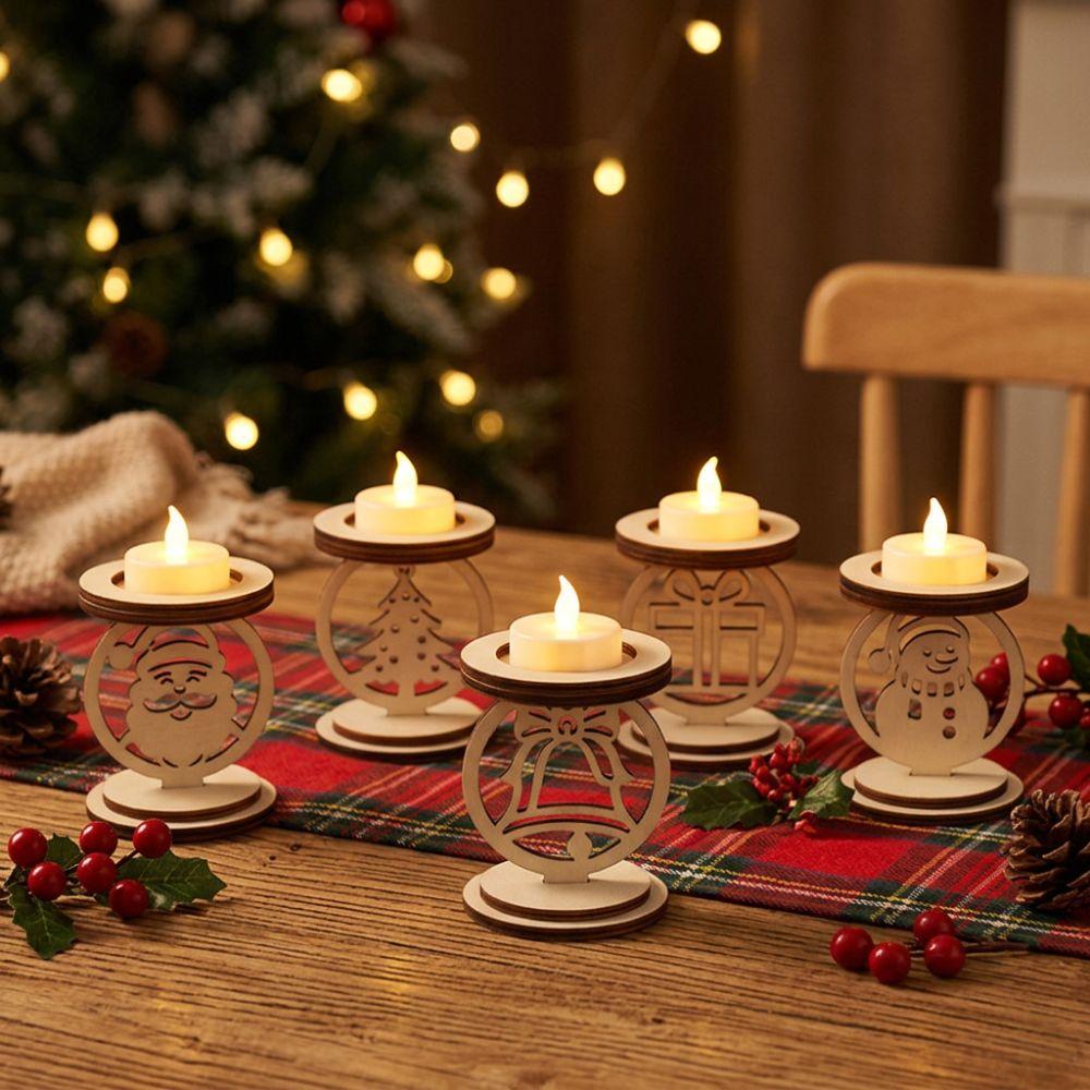 3Pcs Bell Pattern Wooden Christmas Candle Holder Xmas Table Candlestick Living Room