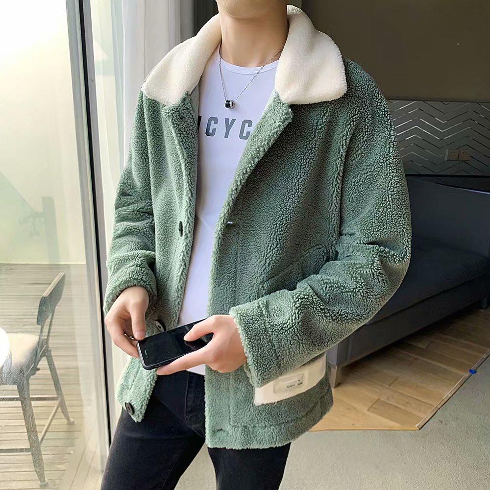 Men's Trendy Winter Wool Jacket with Lapel Collar, Thick Warm Polar Fleece, and Cotton Coat for Teens.