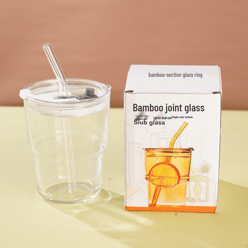 Bamboo Style Glass Tumbler with Straw, 420ml