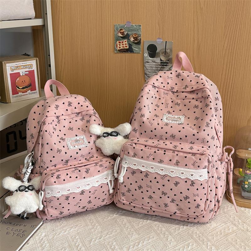College Style Bow Print Schoolbag Women's Corduroy Backpack Large Capacity Student Backpack