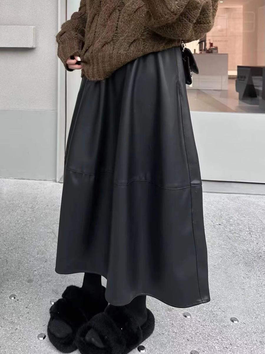 

Drapey PU Leather High-Waist Midi Skirt - 2024 A-Line Eco-Friendly Slimming Design for Autumn & Winter 3XL чорний