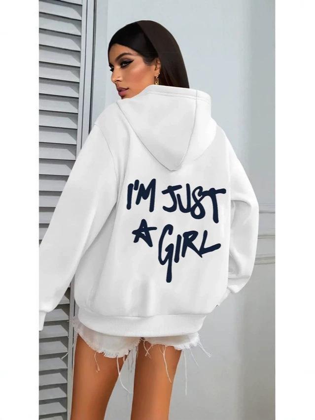 European Size Women's Casual Pocket Hoodie with 'I'm Just a Girl' Print for Autumn/Winter