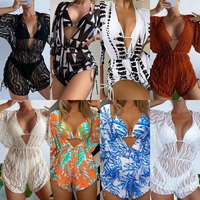New Long-sleeved Mesh Girdle One-piece Swimsuit High-waist Printed Drawstring Three-piece Bikini