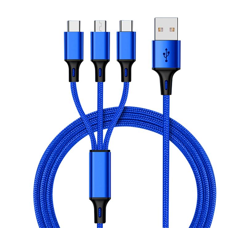 3 in 1 Fast Charging 1.2 m Data Cable for iPhone Nylon Braided Wear Resistant Micro Usb Cable 3 in 1 Charging Cable 1.2 m синий
