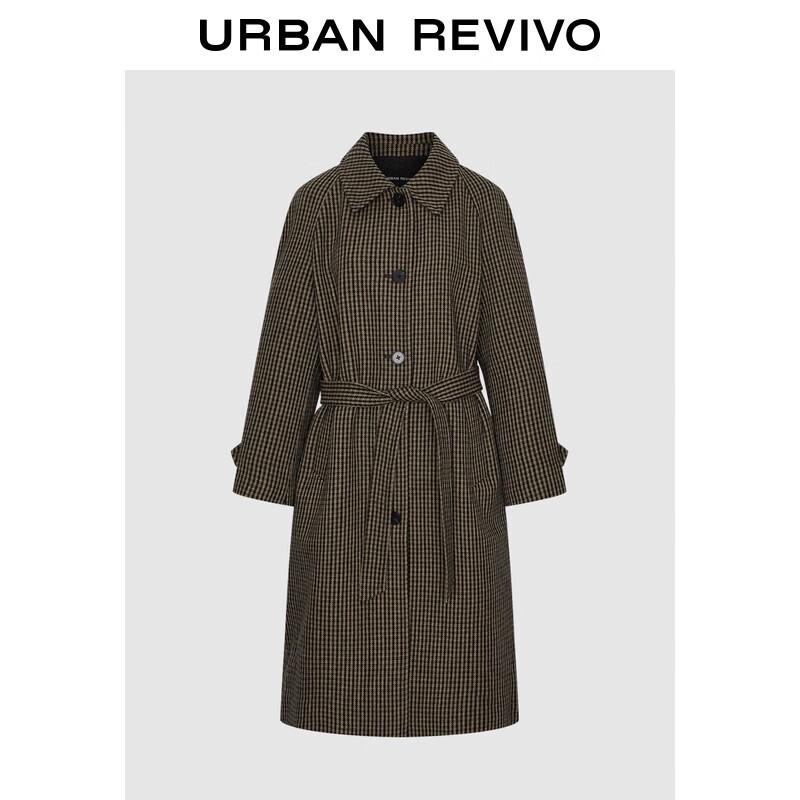 

UR 2025 Зимнее женское мерцающее клетчатое пальто из шерстяной смеси с поясом XS