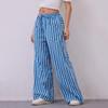 Women Pants Drawstring Elastic Waist Loose Wide Leg Contrast Color Stripe Printing
