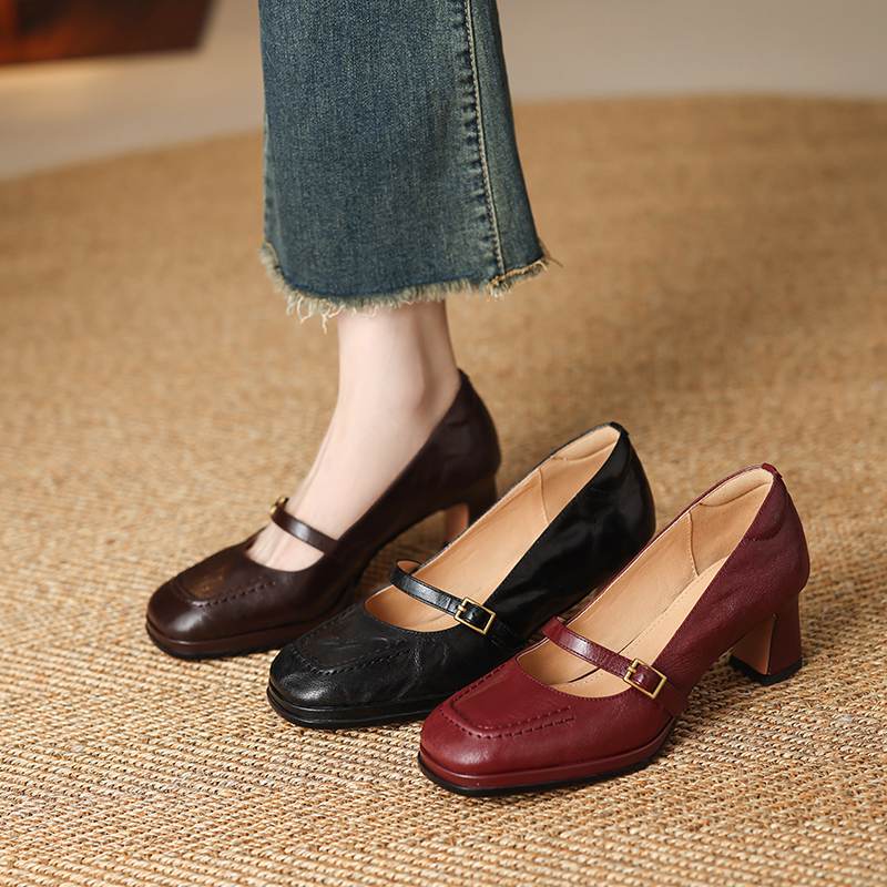 Krazing Pot Sheepskin Square Toe Size 40 High Heels Metal Buckle Decoration Fashion Gladiator Autumn Pumps