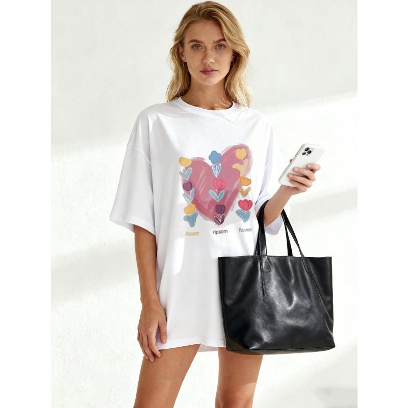 Oversize Women's Short-Sleeve T-Shirt with Pink Heart, Colorful Flowers and "Hpsom flower" Print