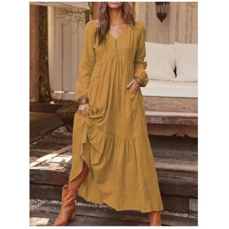 Boho Vintage Womens Maxi Dress Loose Cotton Linen Long Sleeve V Neck Button Down Pocket Dress Femme Robe Fall Winter