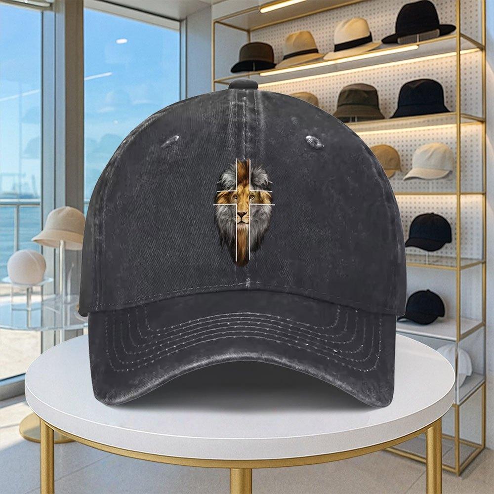 Lion of Judah Cross Print Baseball Cap Vintage Washed Denim Adjustable Casual Urban Hat