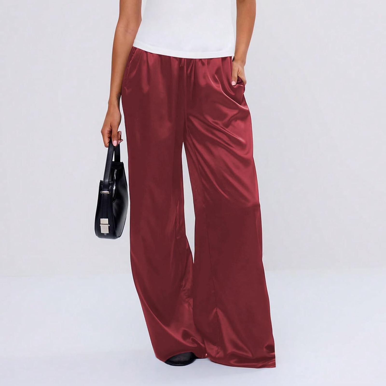 

Fashionable Women s Satin Silk Wide,Leg Pants L червоний